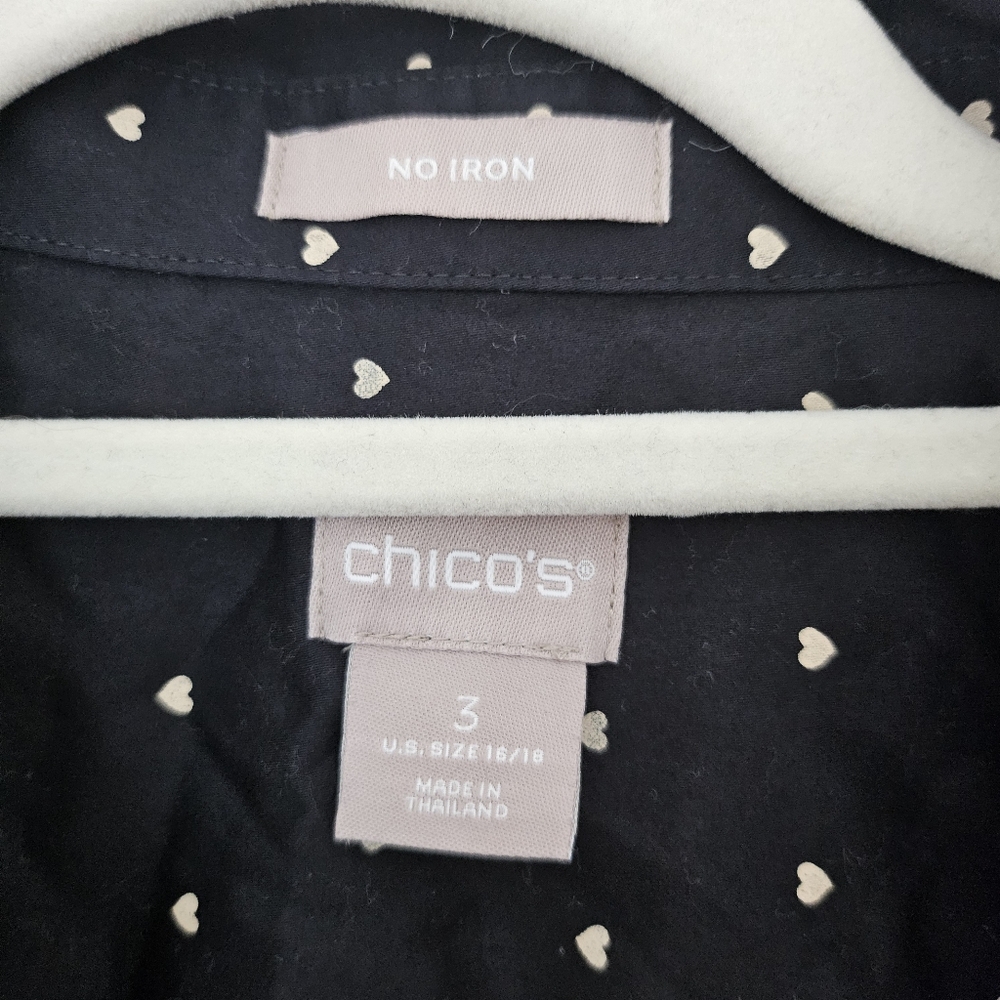 Chicos Navy Button-Front Tunic Shirt with Micro Heart Print No Iron Cotton XL - Picture 3 of 10
